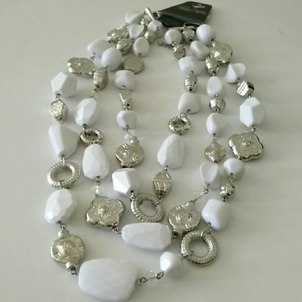 Three Layered Beaded White And Silvertone Necklace With Tags Stein Mart